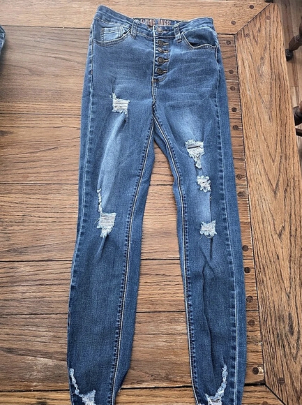 Flying Angel Distressed Skinny Jeans in Blue Waist 3/26